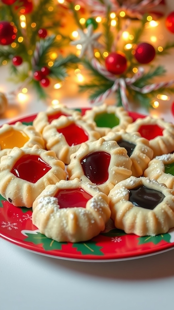 Jelly-Filled Christmas Cookies Recipe A plate of jelly-filled Christmas cookies dusted with powdered sugar, surrounded by holiday decorations.